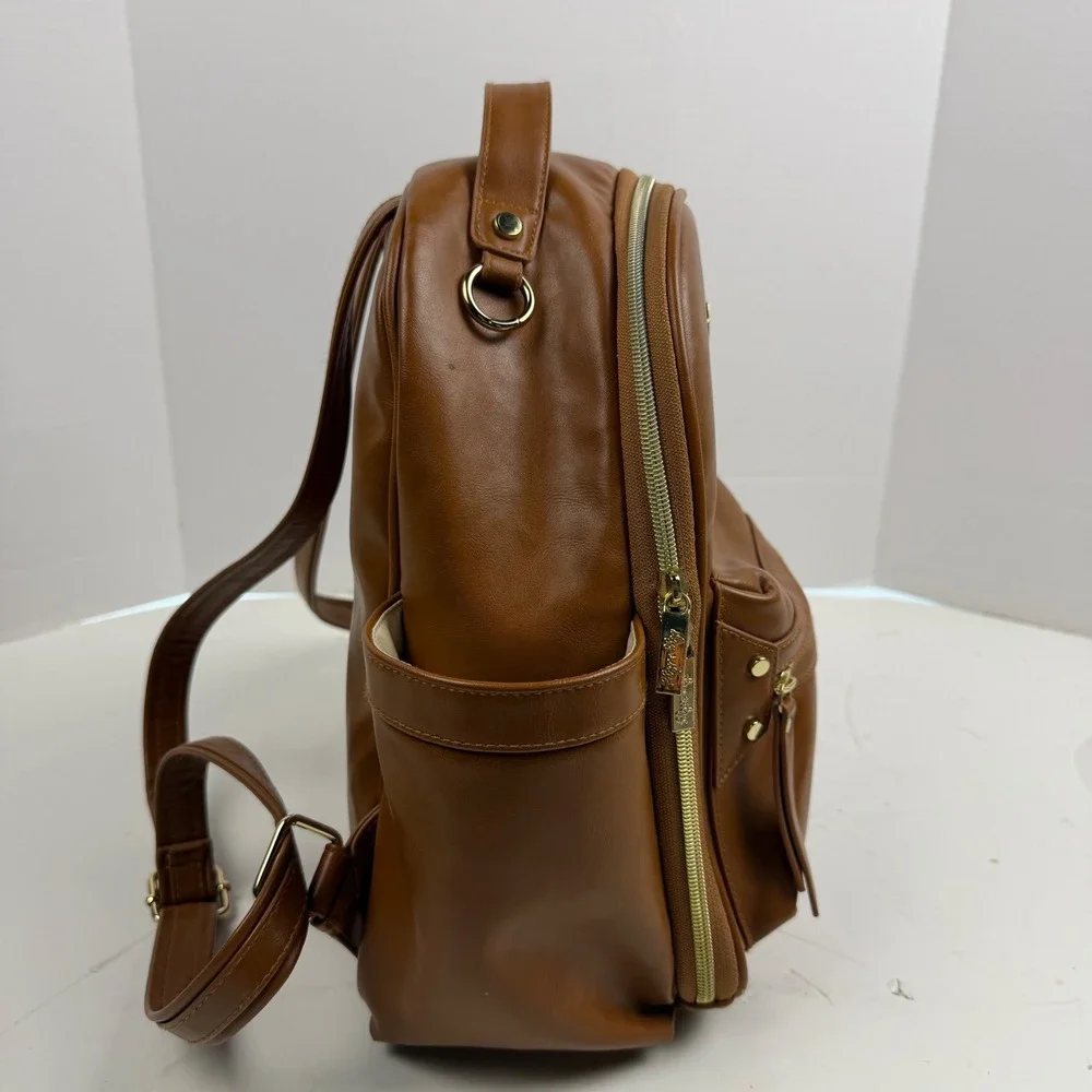 Itzy Ritzy Boss Backpack Diaper Bag Cognac Brown Vegan Leather Gold Hardware